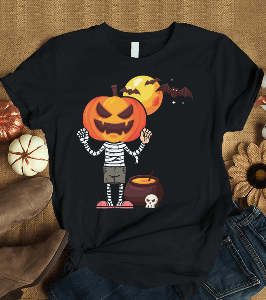 Halloween Pumpkin Mummy with Cauldron Bat Moon T-Shirt