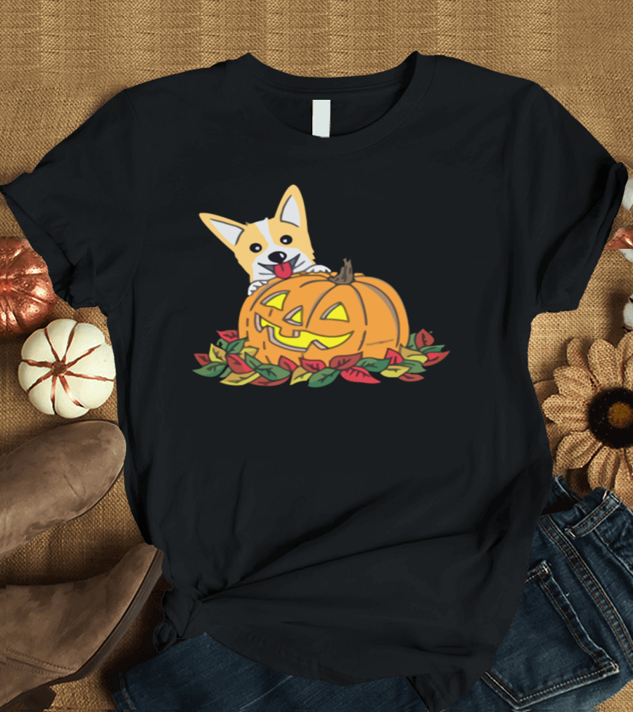 Corgi Puppy with Jack-O'-Lantern and Autumn Leaves T-Shirt
