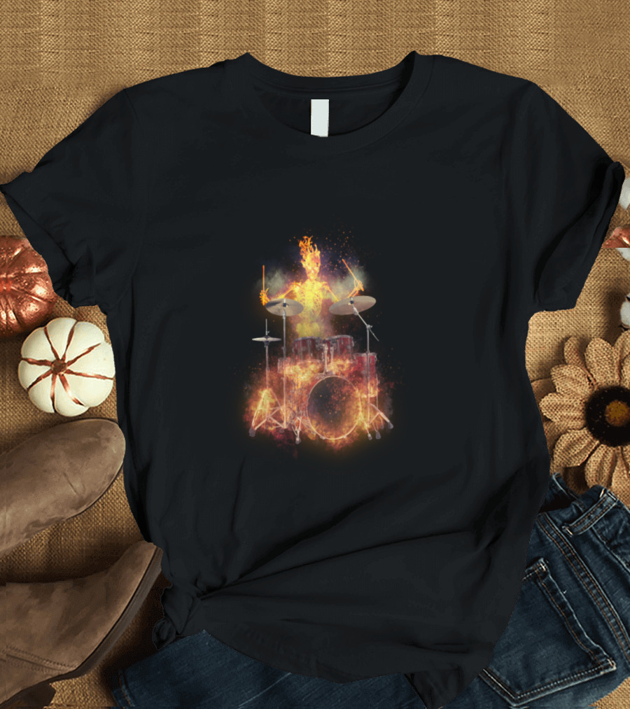 Flaming Skeleton Drummer Fiery Percussion Spectacle T-Shirt
