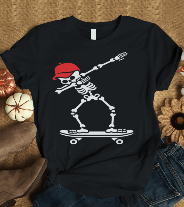 T-Shirt: Dabbing Skeleton in Red Cap on Skateboard Skater Pose T-Shirt Dabbing Skeleton in Red Cap on Skateboard Skater Pose T-Shirt