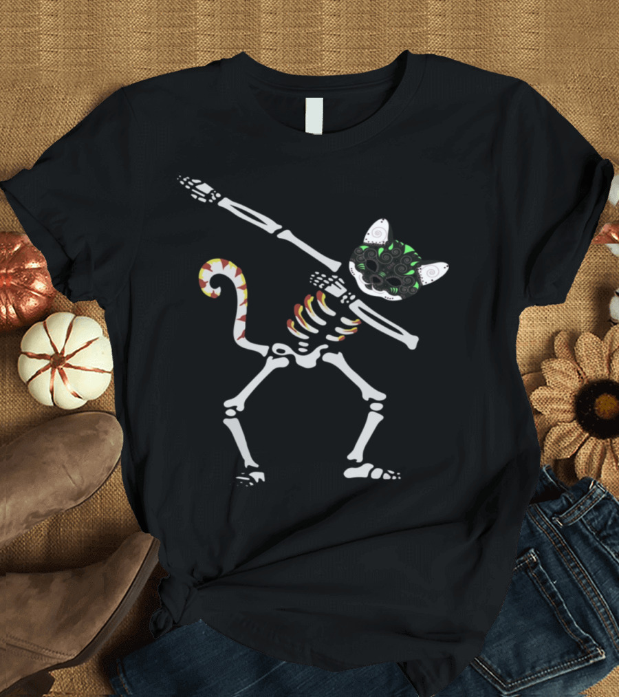 Cat Halloween Skeleton Dabbing with Colorful Tail and Mask T-Shirt