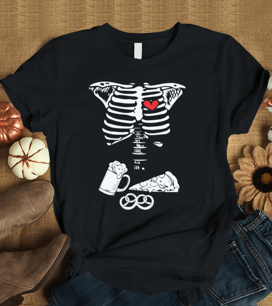 Halloween Skeleton Heart with Beer Pizza Pretzel T-Shirt