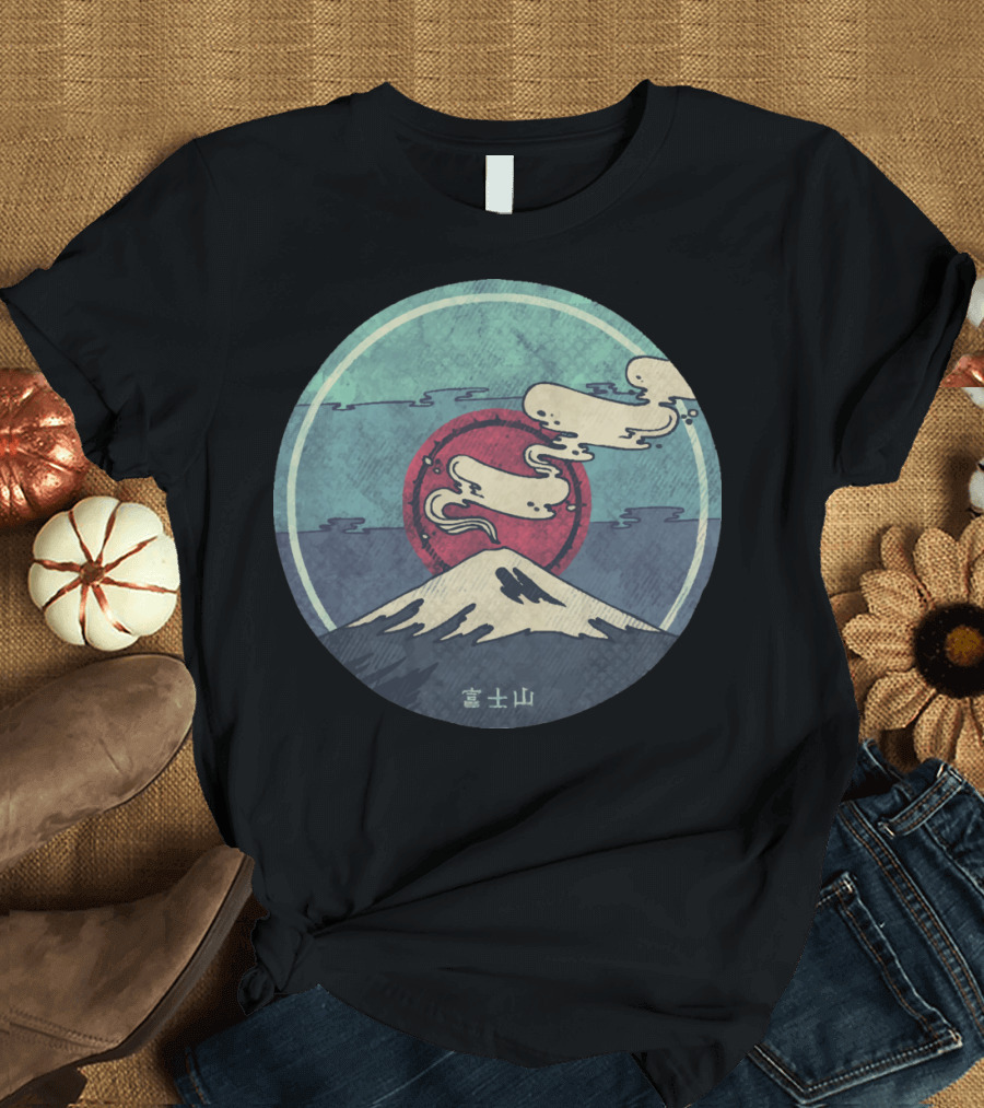 Mount Fuji Vintage Style with Rising Sun and Clouds T-Shirt