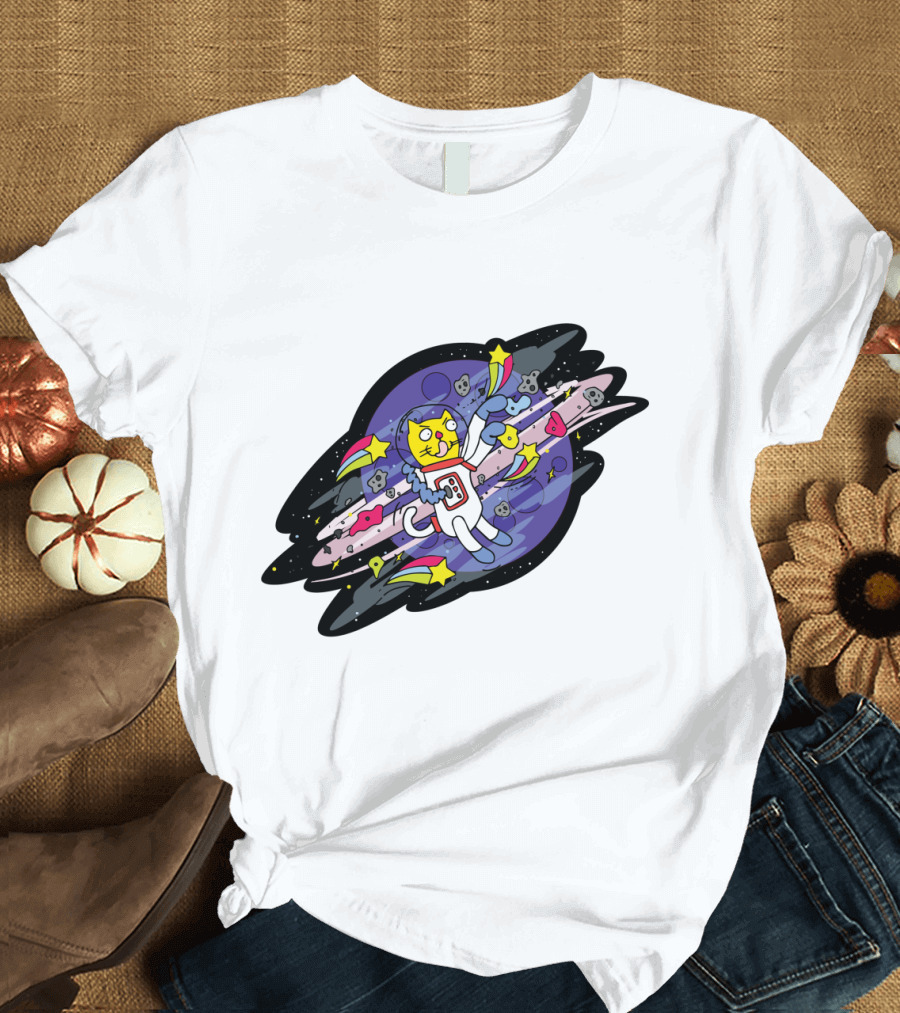Cat Astronaut Scaling Cosmic Boulders with Stars and Rockets T-Shirt