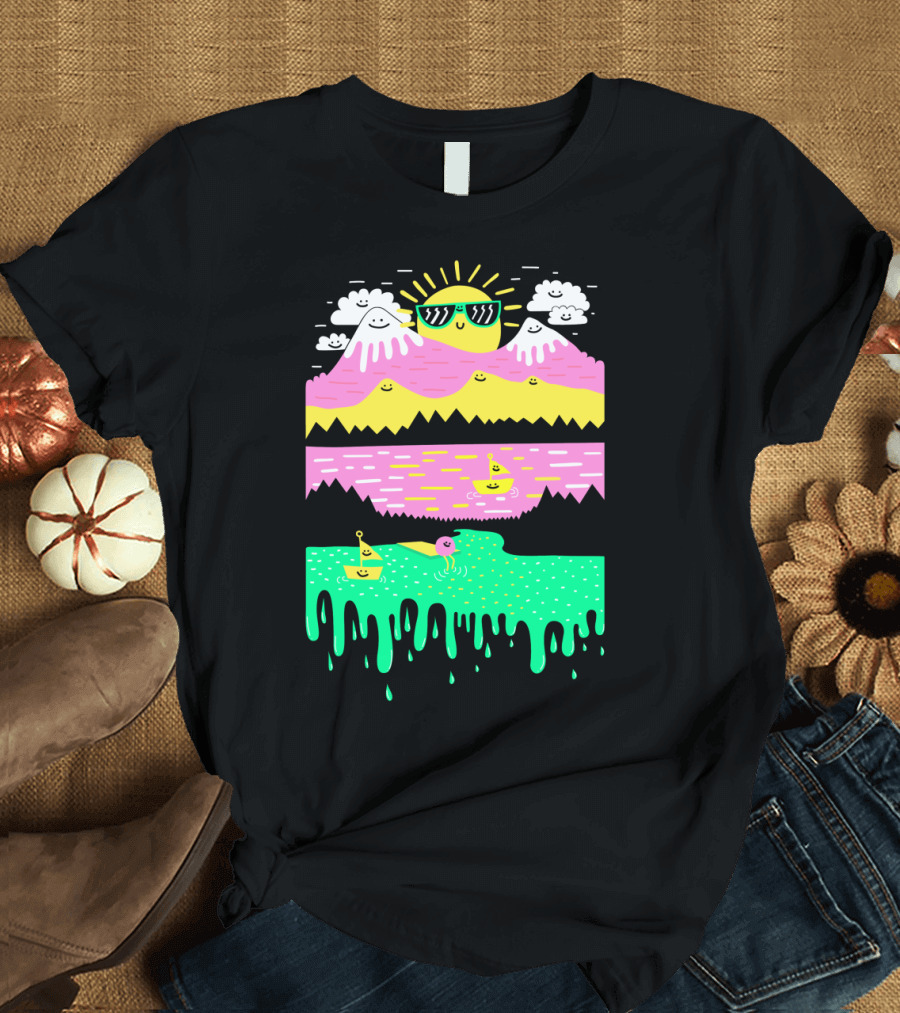 Smiley Sun Over Happy Mountain and Rainbow Dripping Lake with Sailboats T-Shirt