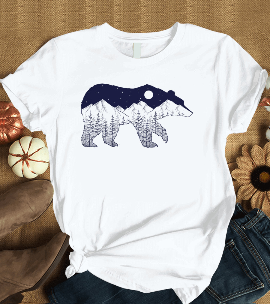 Ursa Major Bear Silhouette with Mountain and Night Sky Scene T-Shirt