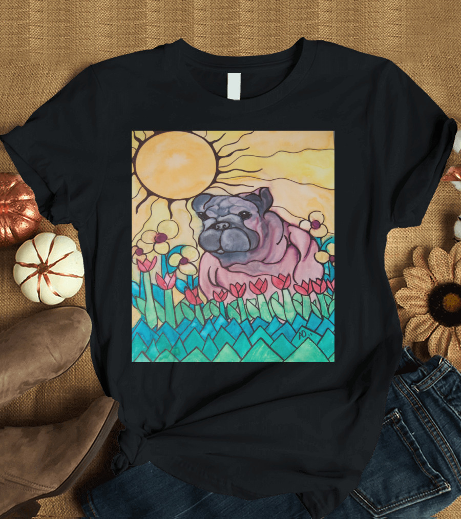 Cheerful Bulldog Among Flowers and Sunburst Landscape T-Shirt