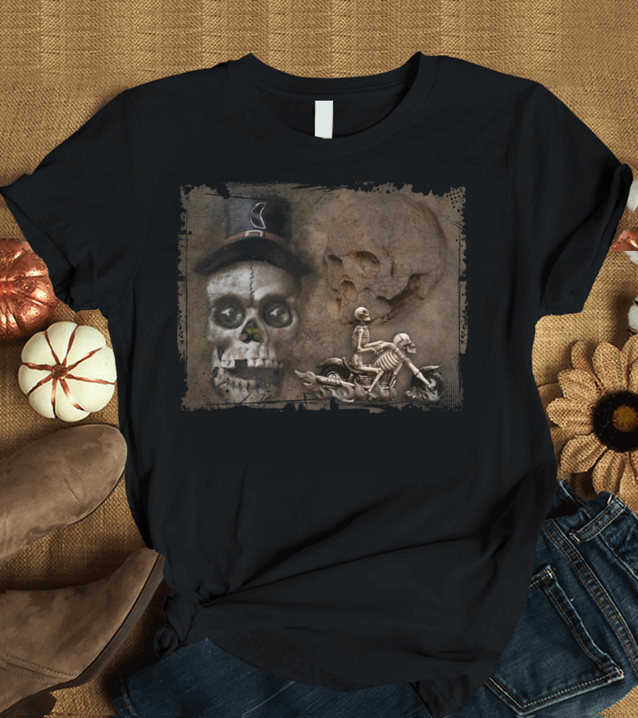 Living to Die Skeleton Biker on Flames with Top Hat Skull T-Shirt