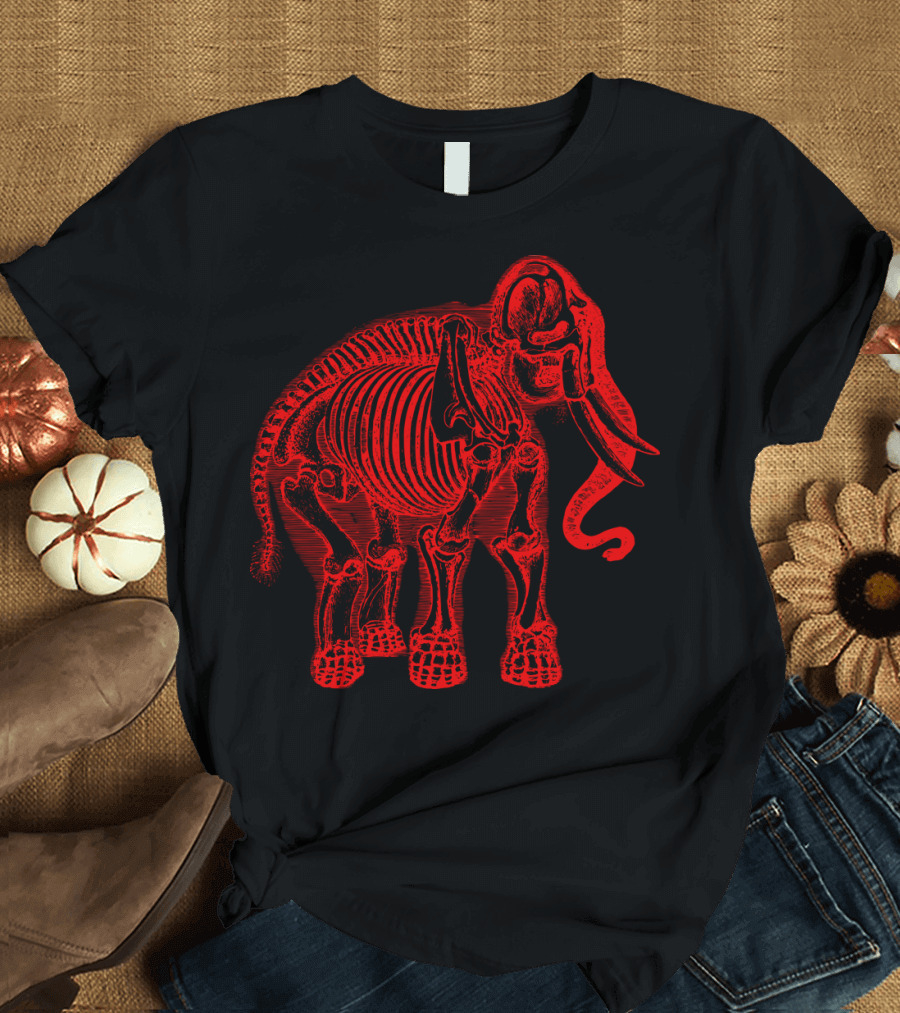 Red Mammoth Skeleton Extinction Theme T-Shirt