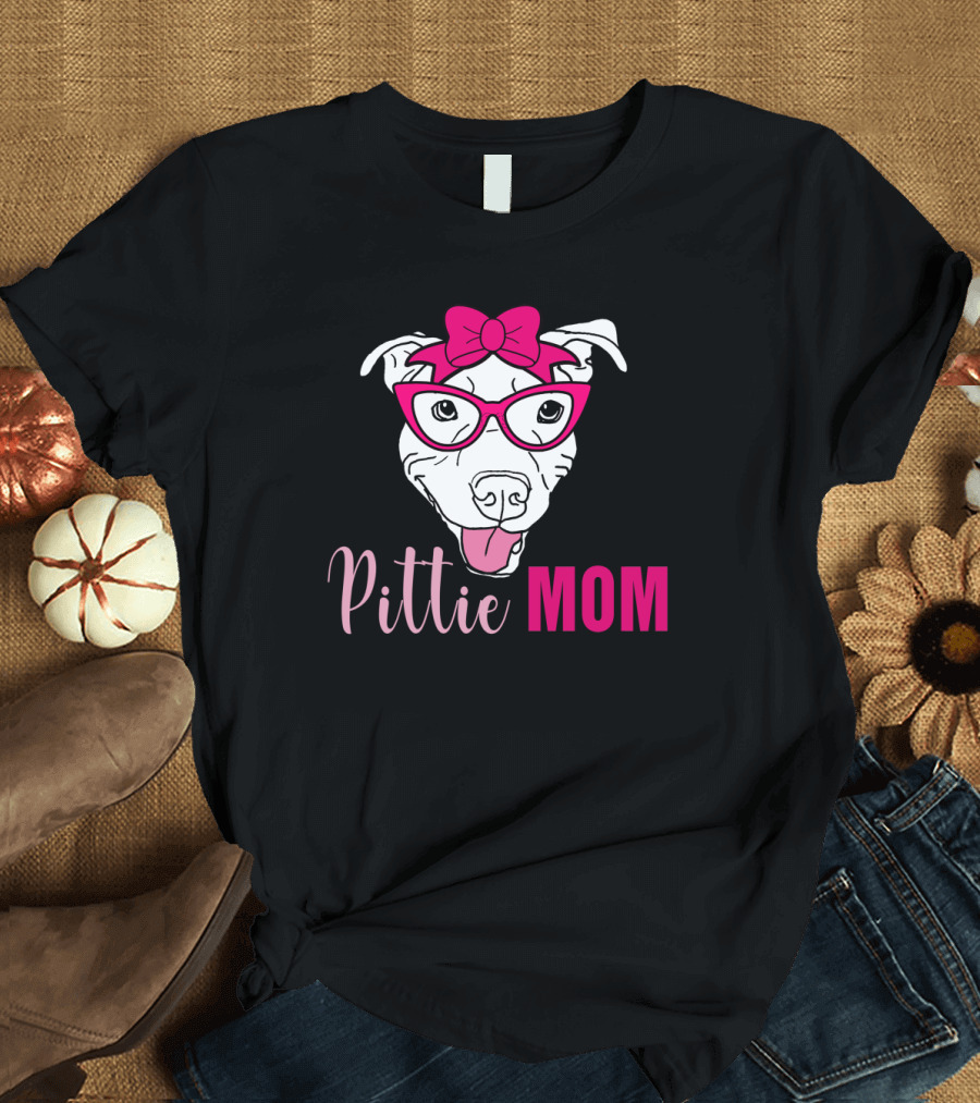 Pittie Mom Pink Bow Glasses American Pit Bull Terrier T-Shirt