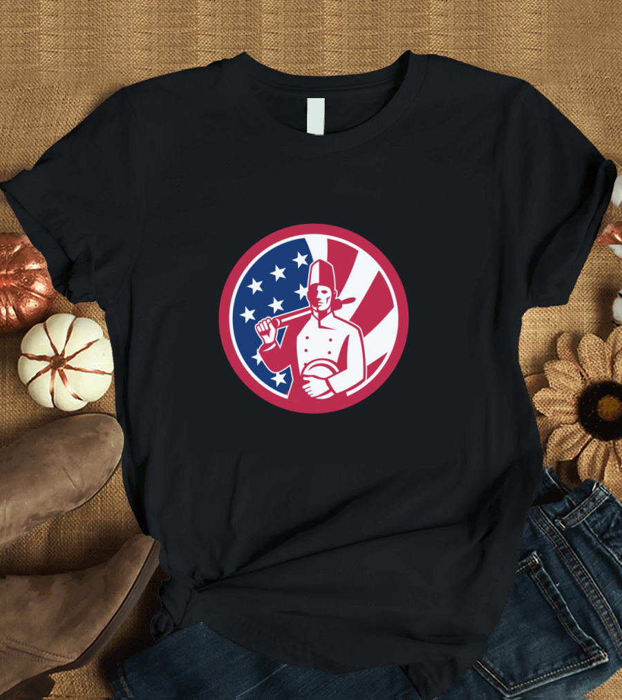 American Baker Holding Rolling Pin with USA Flag Icon Background T-Shirt