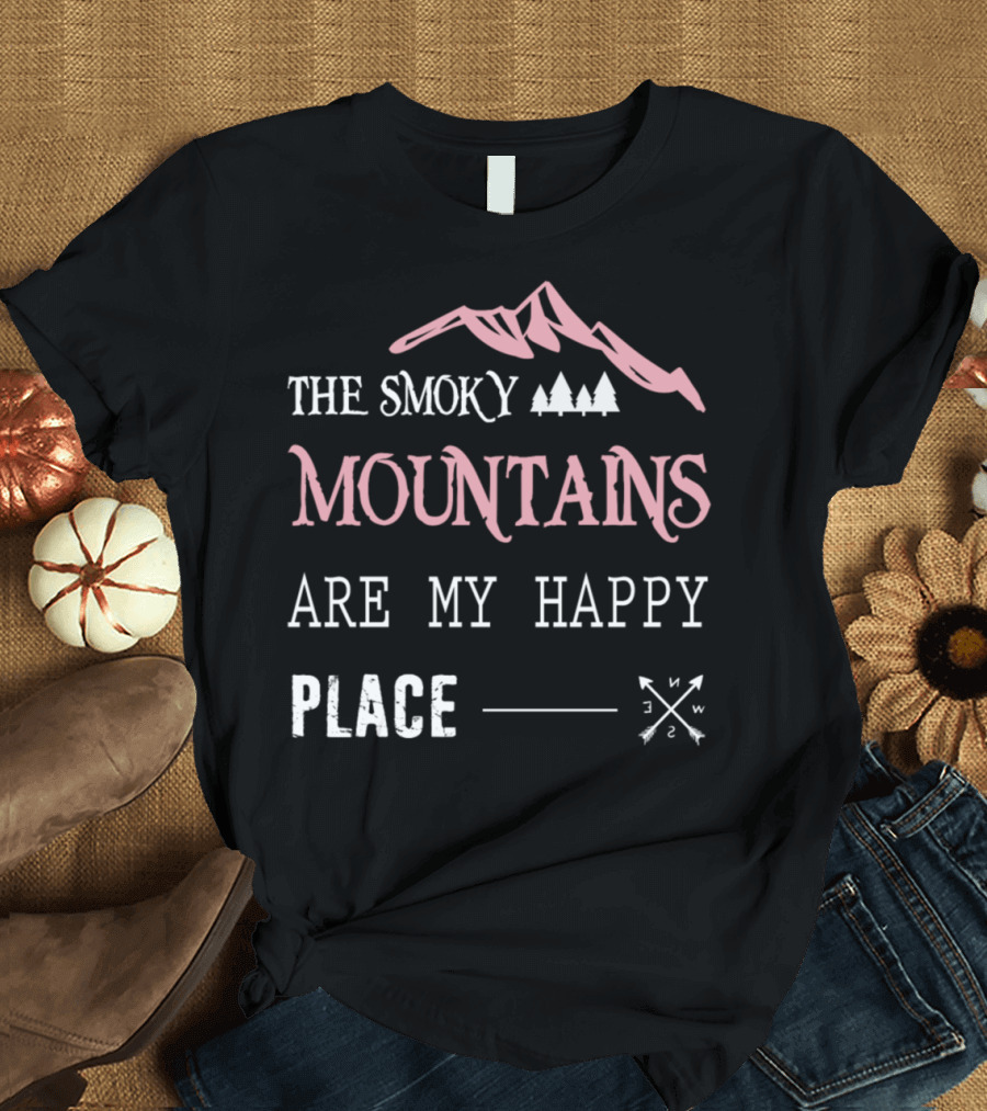 Smoky Mountains Pink Peaks Compass Trees Happy Place T-Shirt