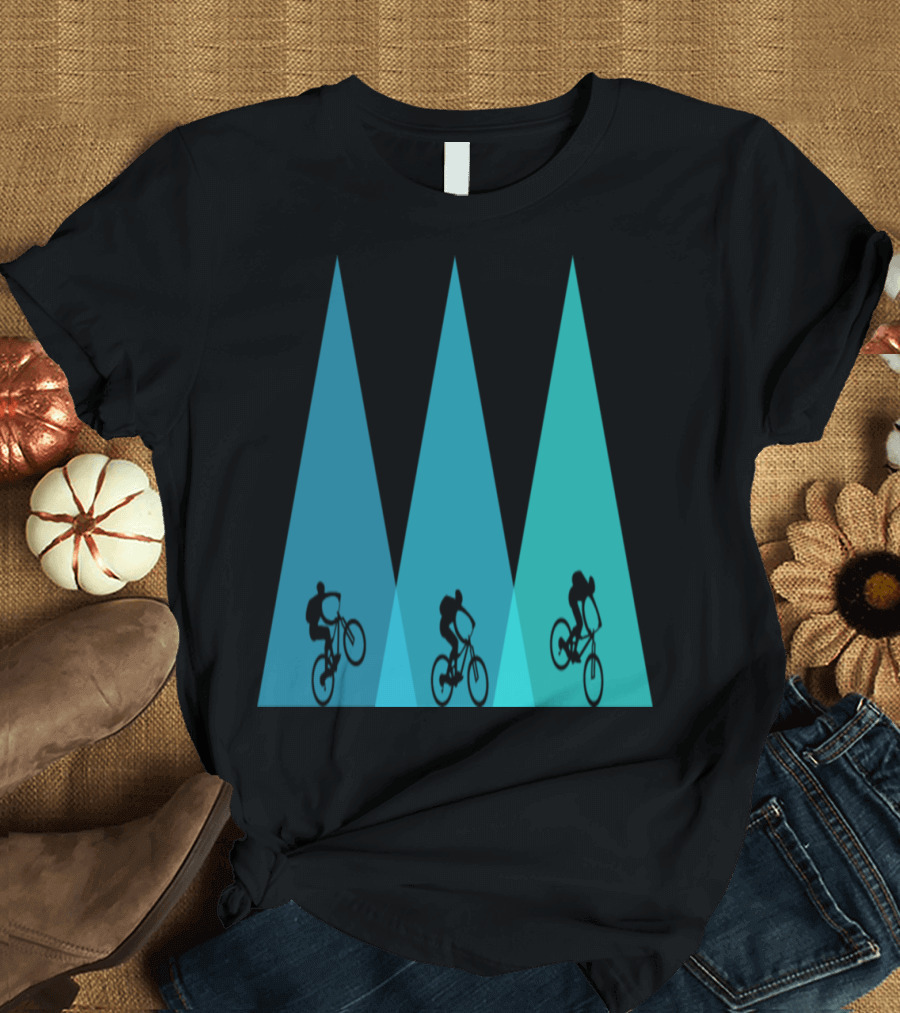 Mountain Bike Bicycle MTB Adventure Silhouettes on Blue Triangles T-Shirt
