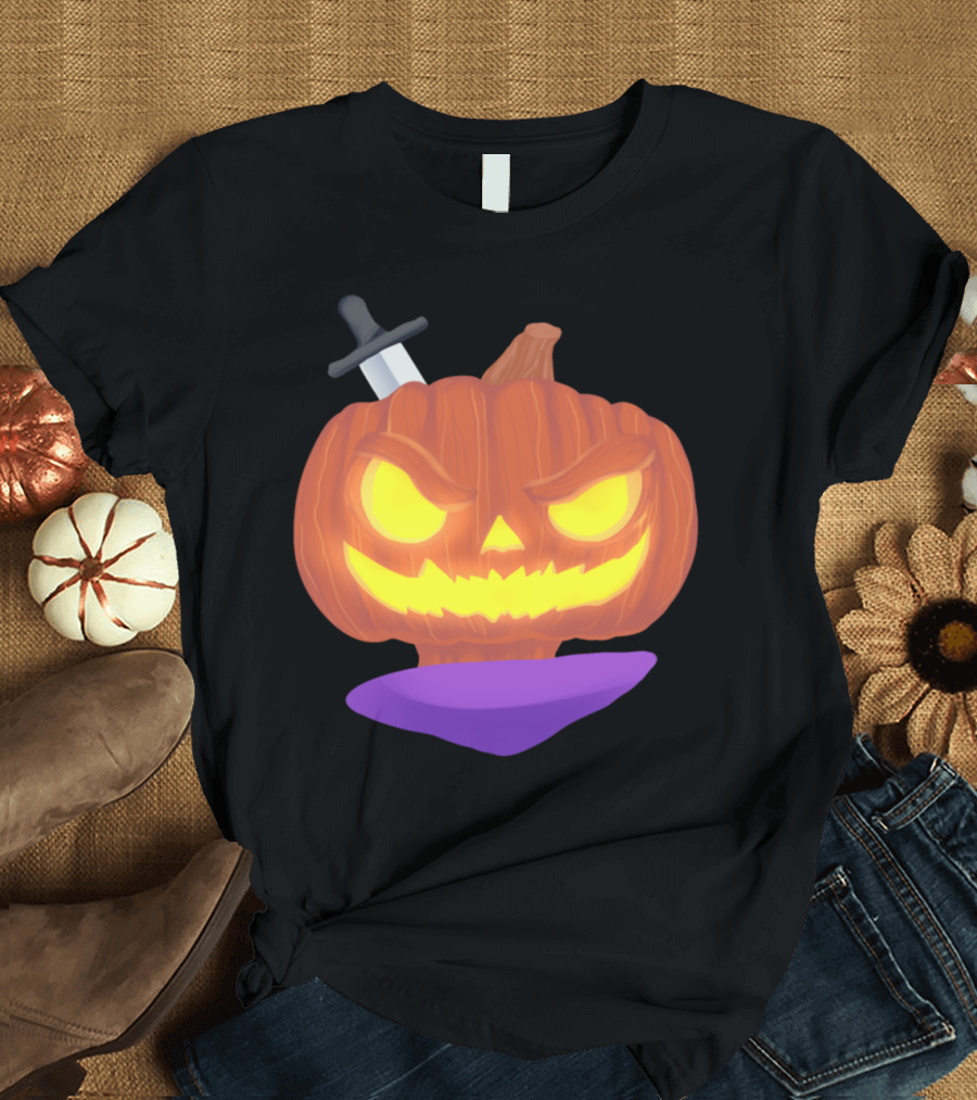 Funny Halloween Pumpkin with Knife and Glowing Eyes T-Shirt