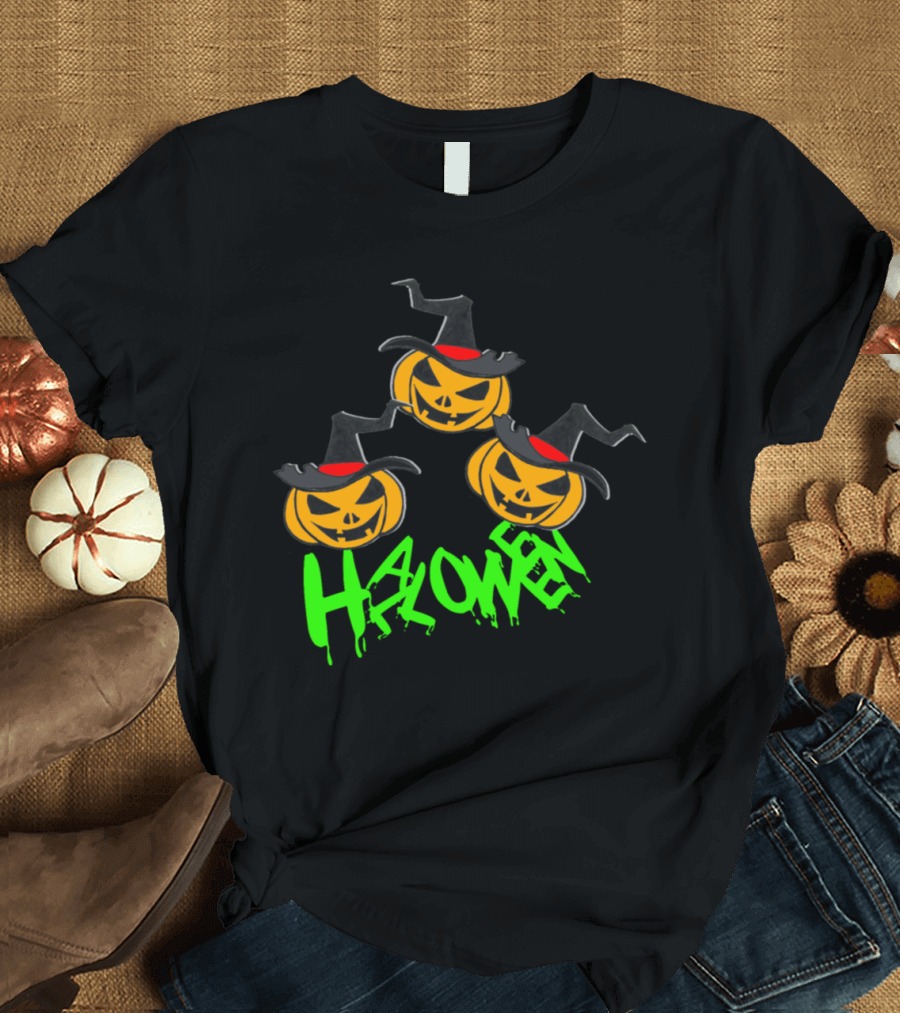 Halloween Pumpkin Witch Hat Trio Green Text T-Shirt