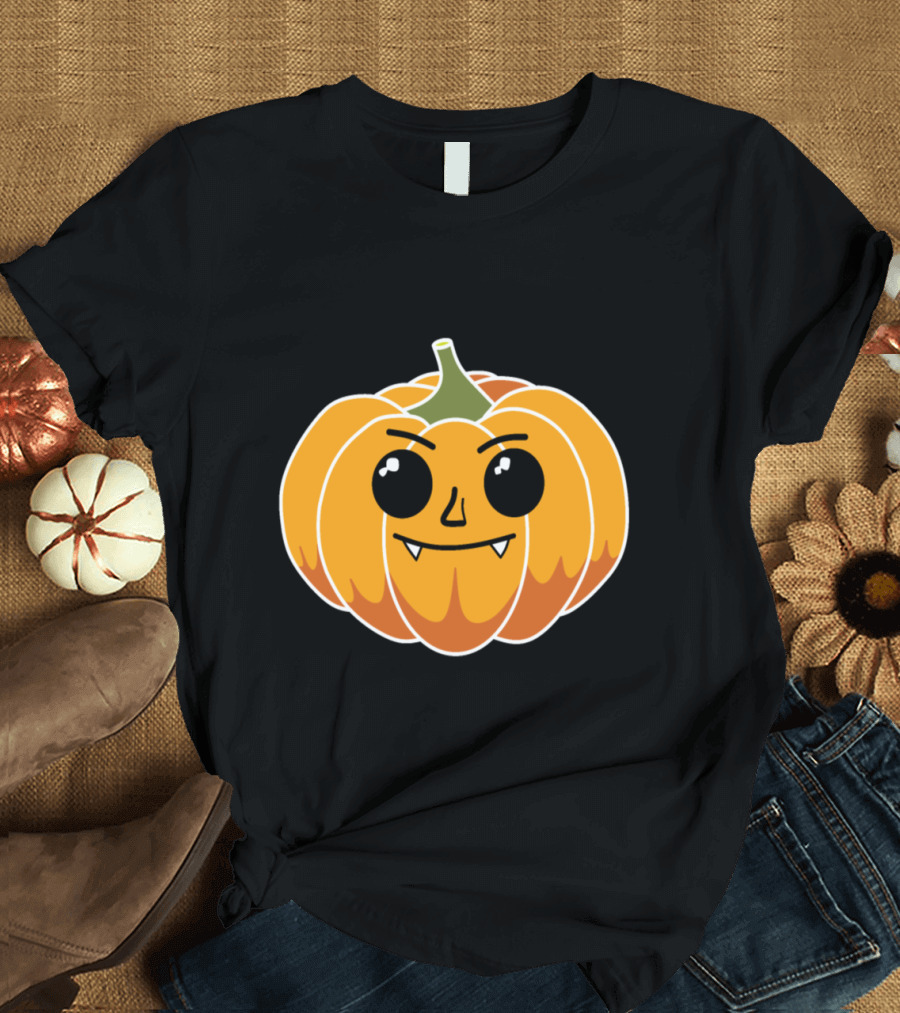 Vampire Pumpkin Face with Fangs and Playful Expression T-Shirt