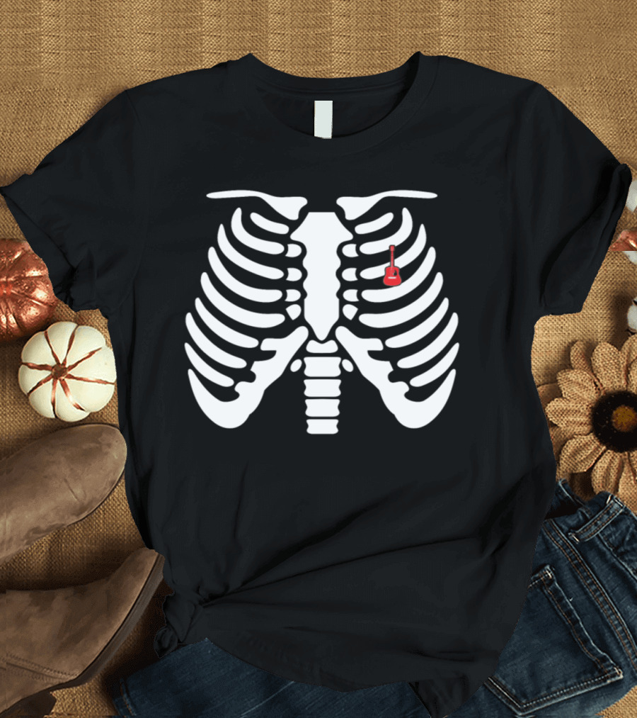 Halloween Skeleton Rib Cage with Red Electric Guitar T-Shirt