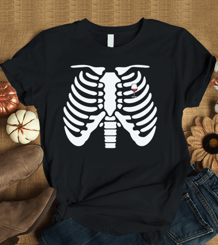 Halloween Skeleton Ribs with Wine Glass T-Shirt