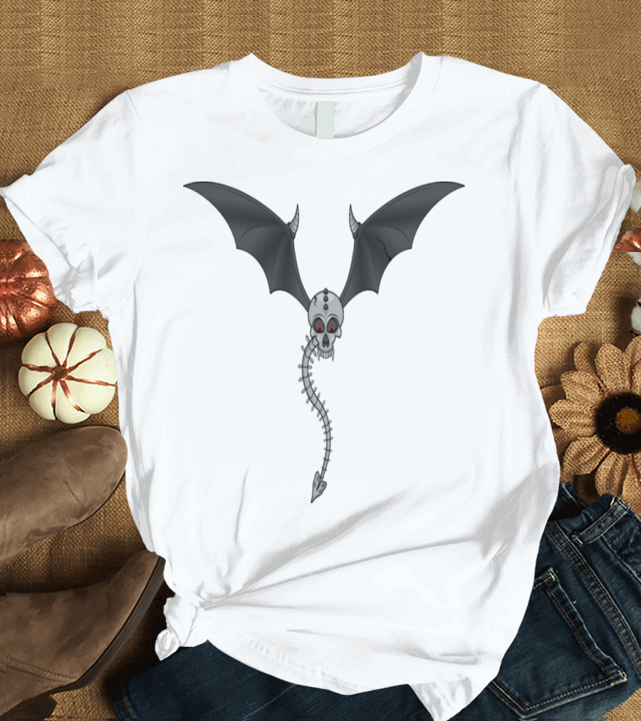Bat Winged Skull Skeleton with Horns and Spinal Tail T-Shirt