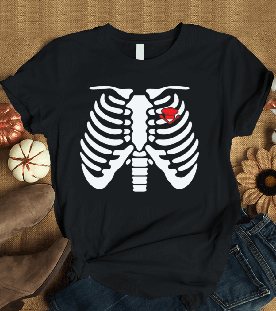 Skeleton Ribcage with Red Chef Hat Halloween Cooking Chef T-Shirt