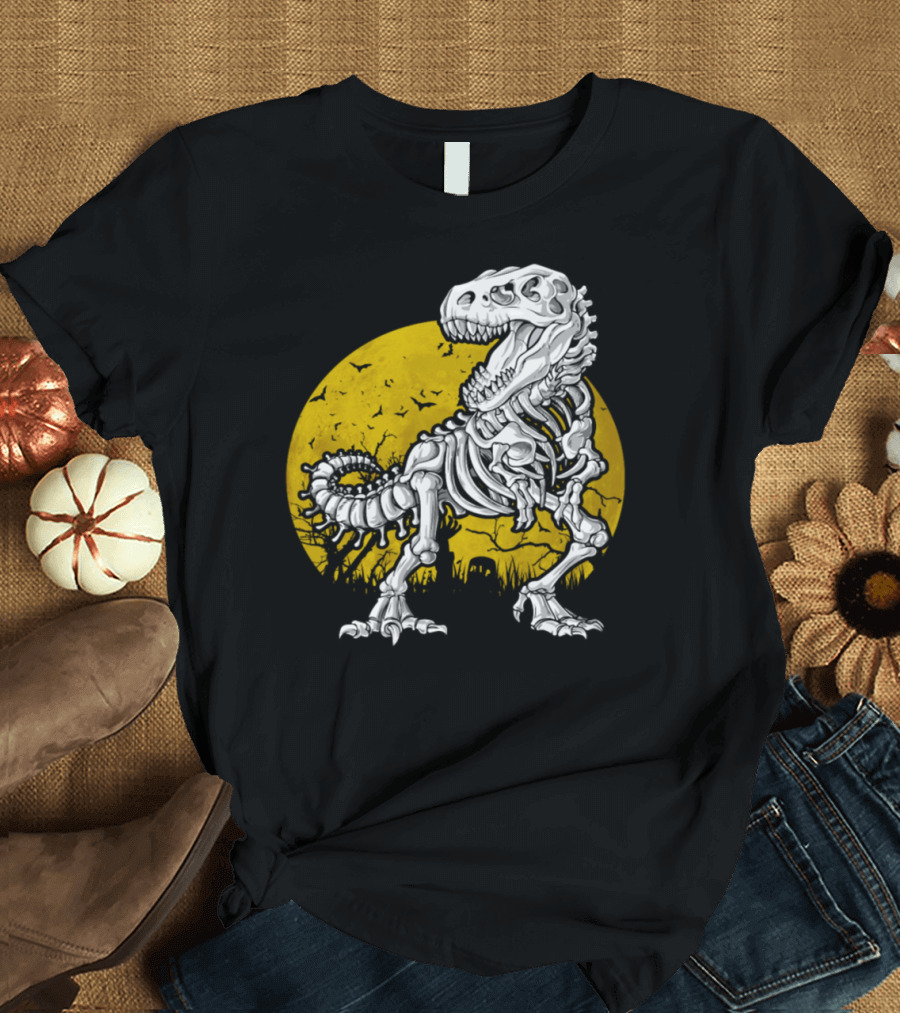 Halloween Dinosaur Skeleton in Haunted Moonlight Scene T-Shirt