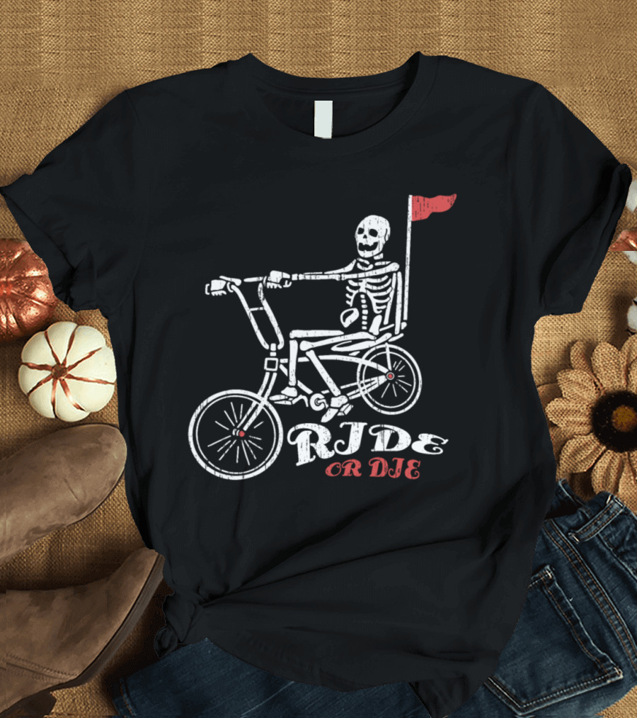 RIDE OR DIE Skeleton Riding Bicycle with Red Flag T-Shirt
