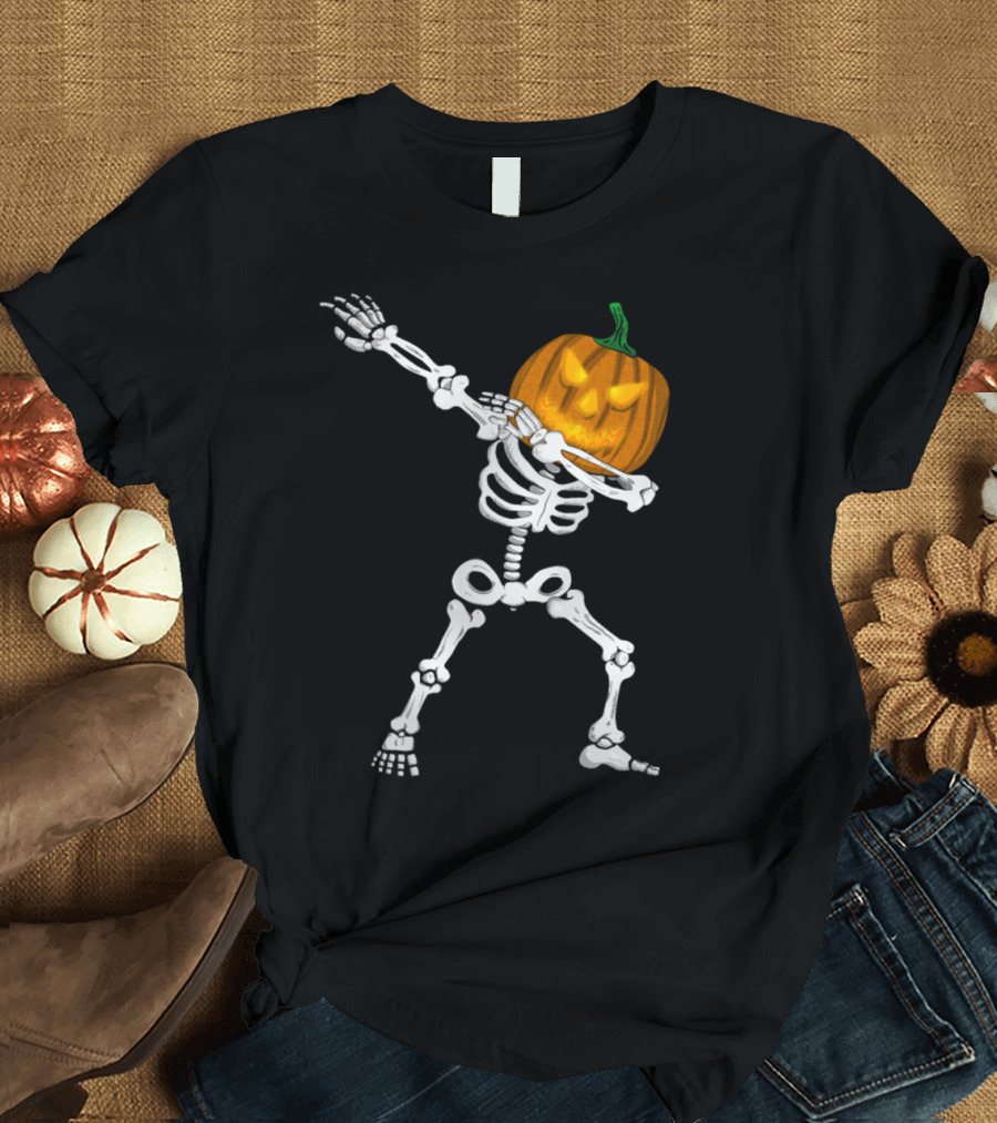 Dabbing Skeleton with Pumpkin Jack o Lantern Head T-Shirt