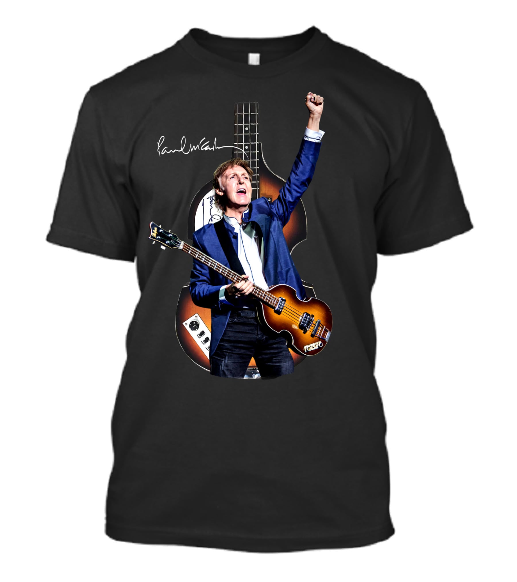 Paul McCartney Signature Bass Guitar Iconic Imagery With Raised Fist T-Shirt