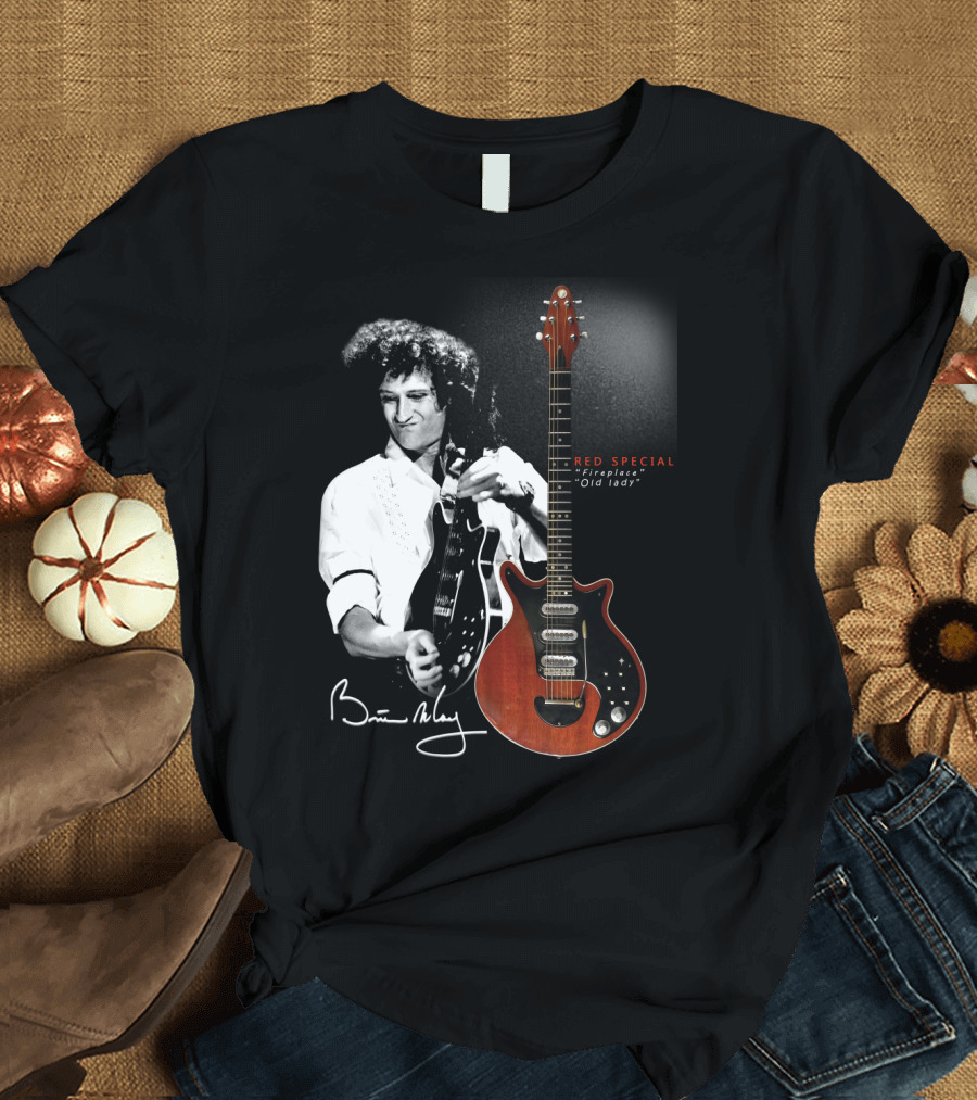 Brian May Red Special Fireplace Old Lady Guitar Signature Image T-Shirt