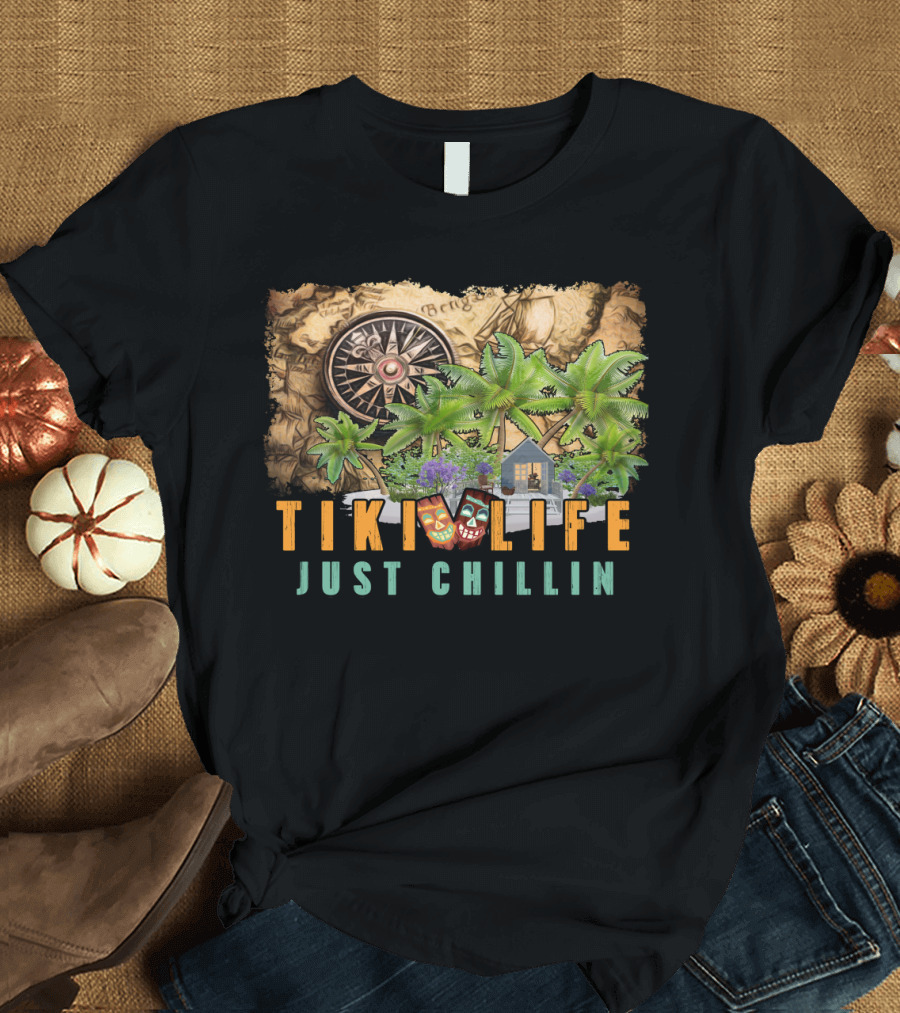 Tiki Life Just Chillin Tropical Oasis with Map and Compass T-Shirt