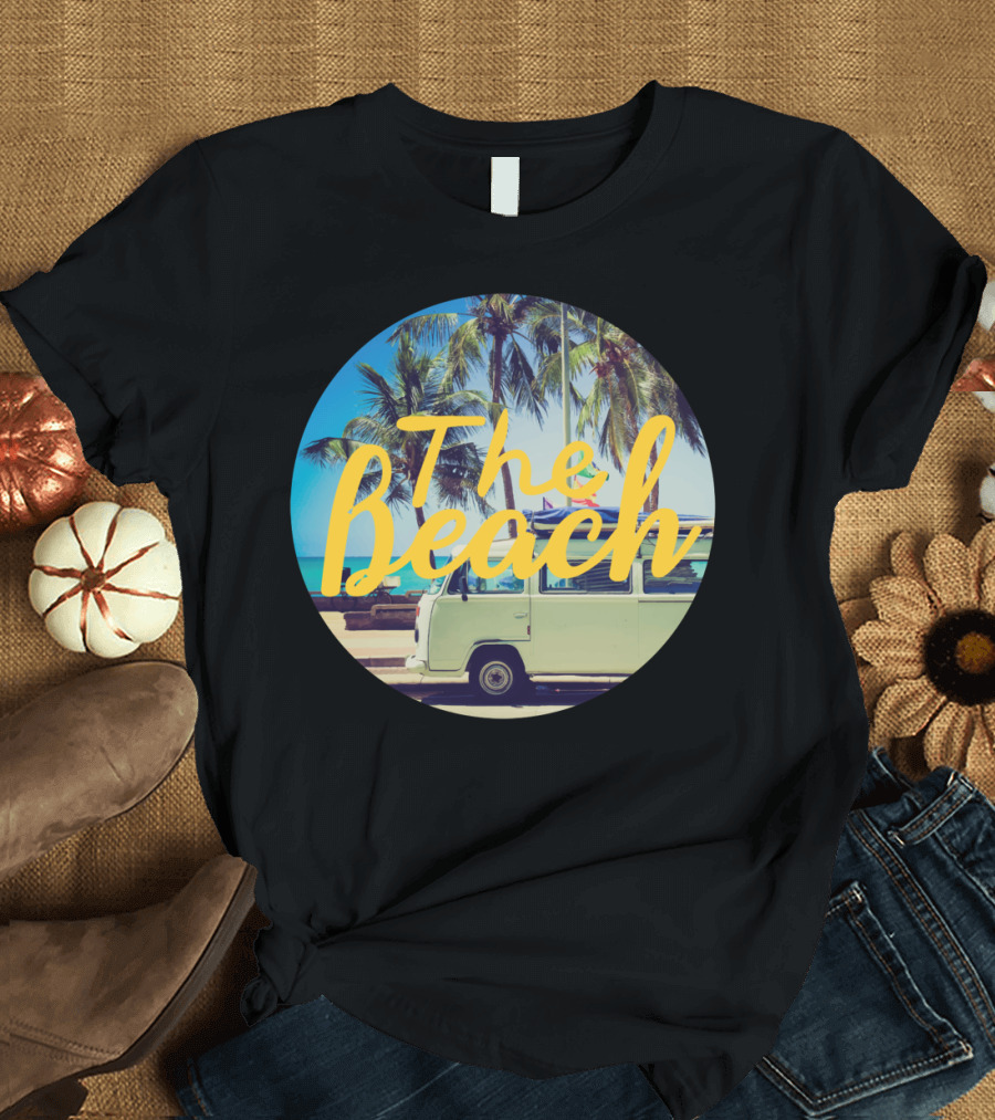 Volkswagen Van with Surfboard at The Beach Palm Trees Vintage Aesthetic T-Shirt