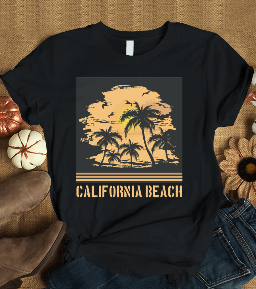 California Beach Sunset Palms Silhouette with Birds and Ocean Breeze T-Shirt