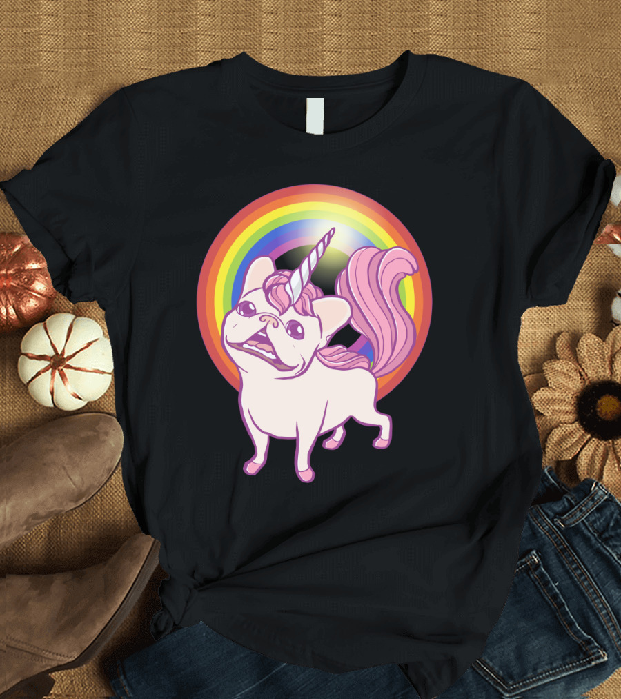 Unicorn French Bulldog with Rainbow Mane and Tail T-Shirt