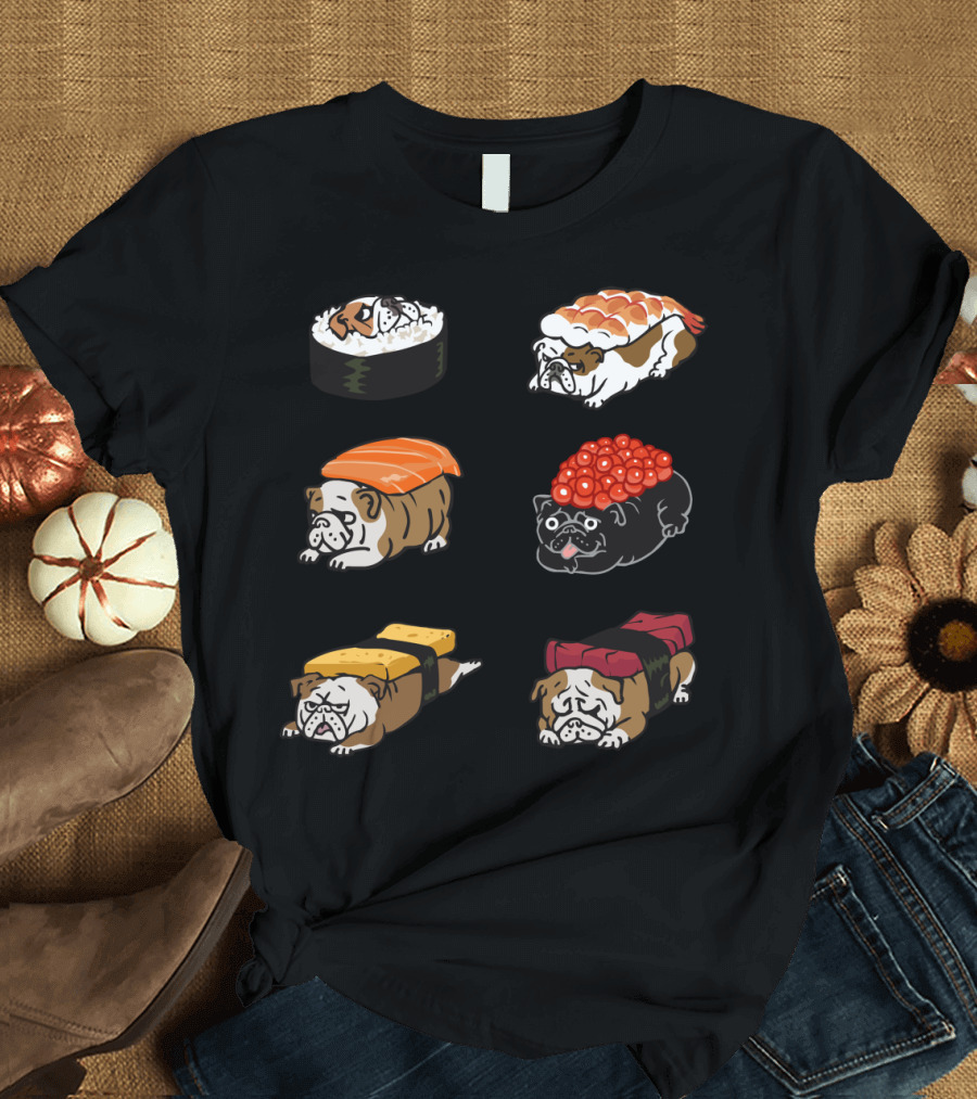 English Bulldog Sushi Roll Variations with Salmon and Rice T-Shirt