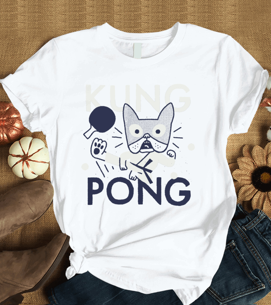 Kung Pong Martial Arts Cat with Ping Pong Elements T-Shirt