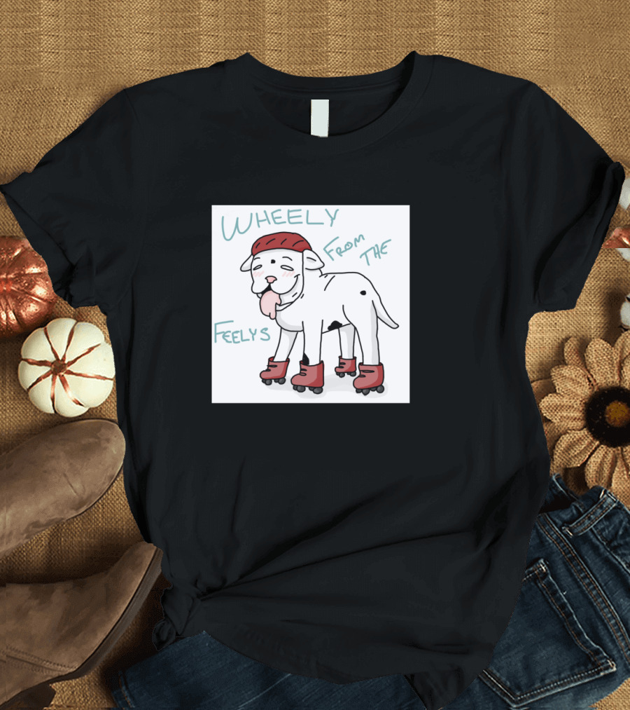 Wheely From the Feelys Dog on Roller Skates with Red Helmet and Boots T-Shirt