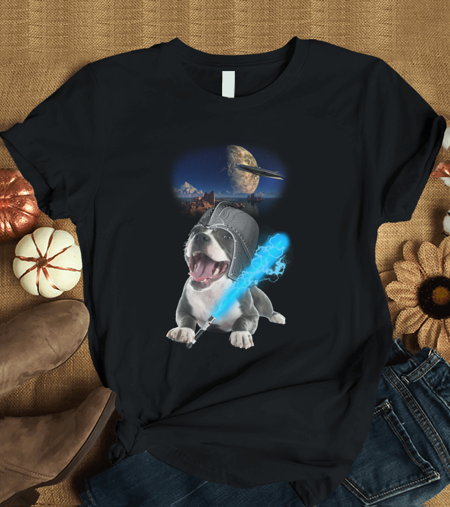 Bark Side Dog in Spaceship Helmet with Light Sword in Space Scene T-Shirt