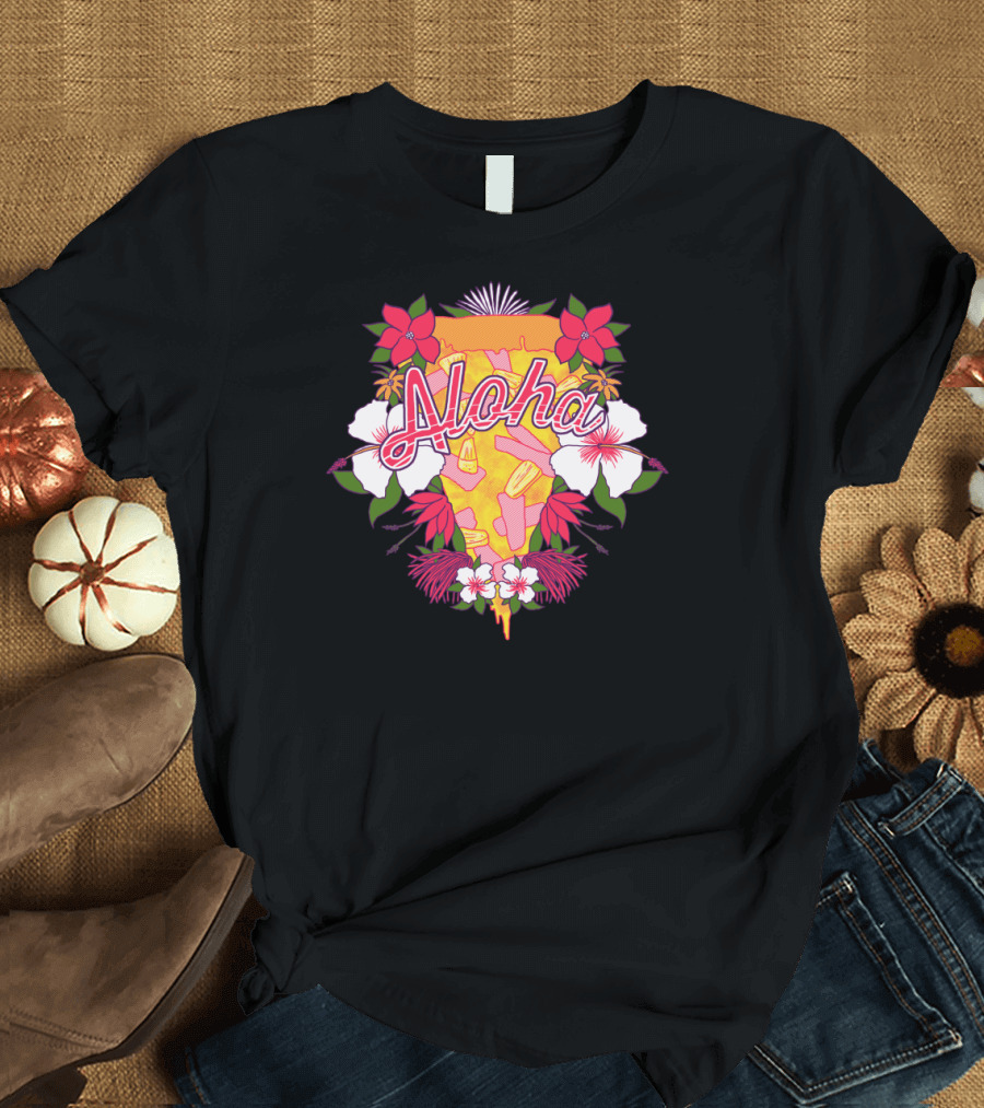 Aloha Hawaiian Pizza Slice Surrounded by Tropical Flowers and Pineapple T-Shirt