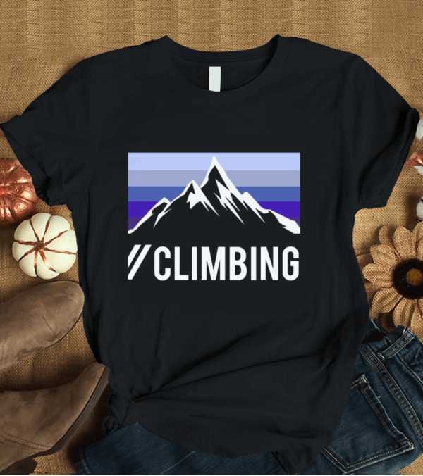 T-Shirt: Climbing Graphic with Mountain Peaks on Striped Gradient Background T-Shirt Climbing Graphic with Mountain Peaks on Striped Gradient Background T-Shirt