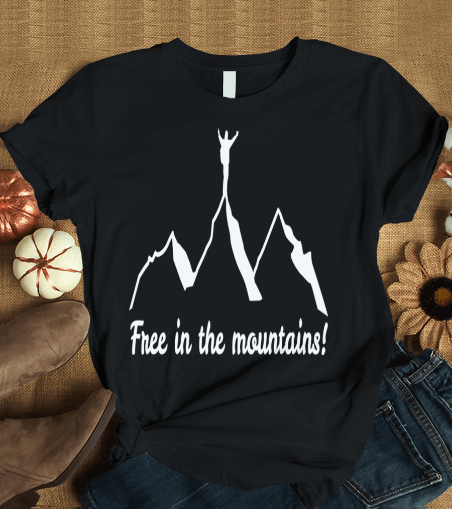 Free in the Mountains Adventure with Silhouette on Majestic Peaks T-Shirt