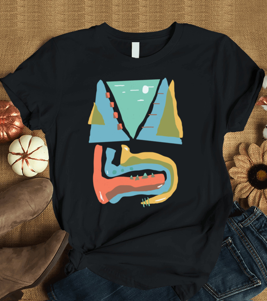 Mountain Pass Abstract Geometric Landscape with Moon and Stream T-Shirt