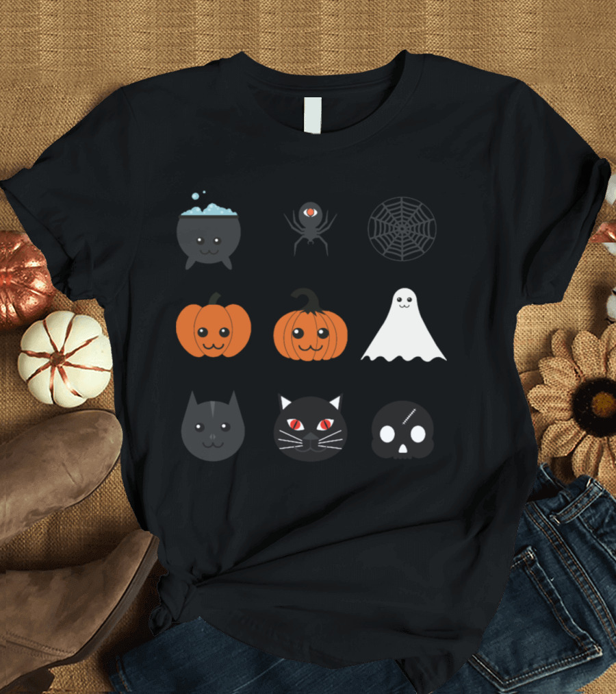 Cauldron Spider Web Pumpkin Ghost Cat Skull T-Shirt