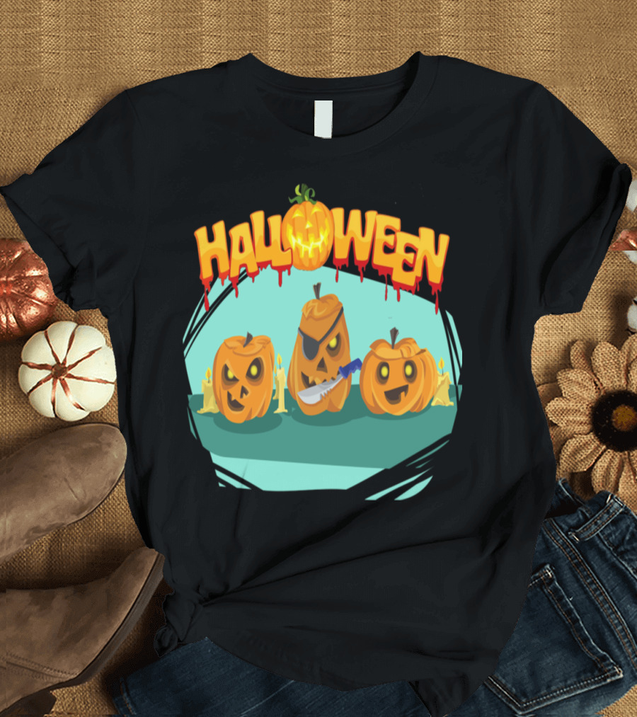 Halloween Evil Pumpkins with Knife and Eyepatch T-Shirt