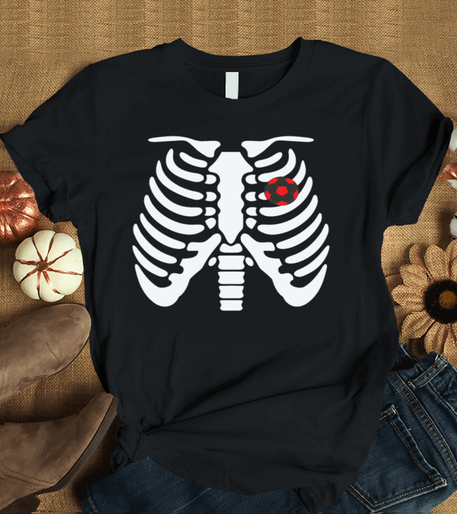 Halloween Skeleton Soccer Ribs with Red Soccer Ball T-Shirt