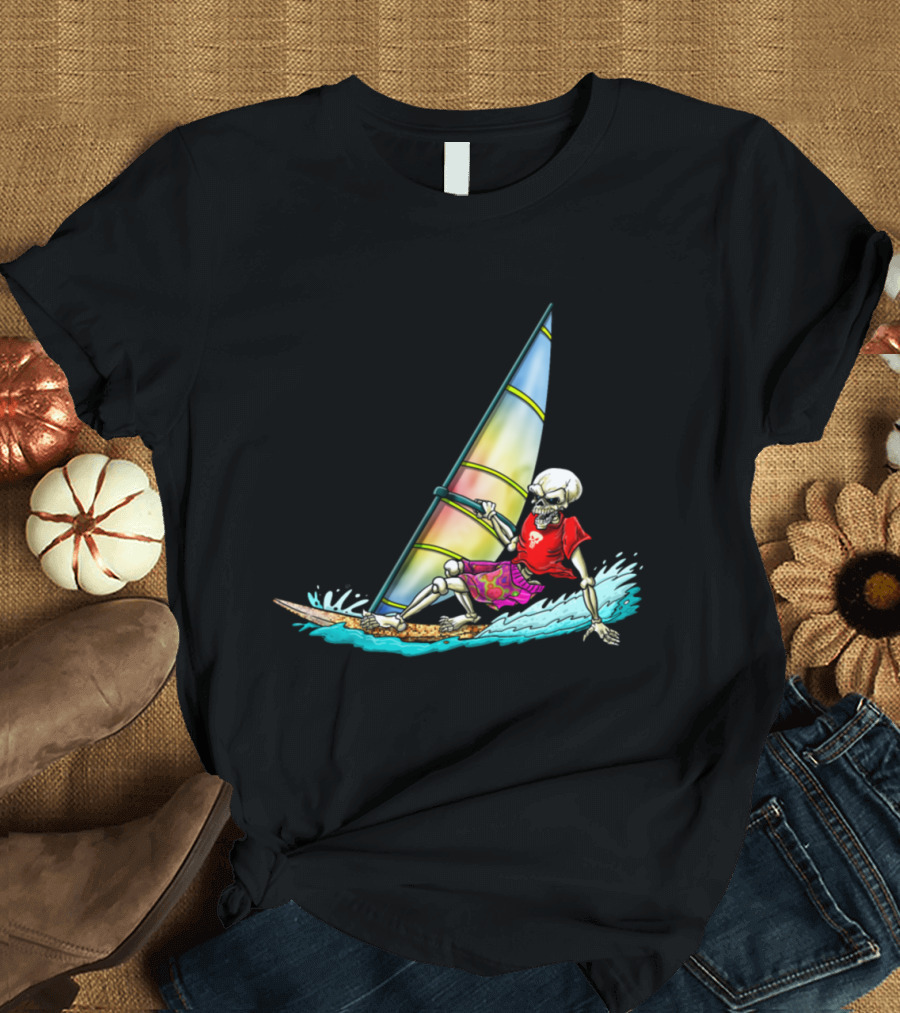 Windsurfer Skeleton Riding Vibrant Rainbow Sail T-Shirt