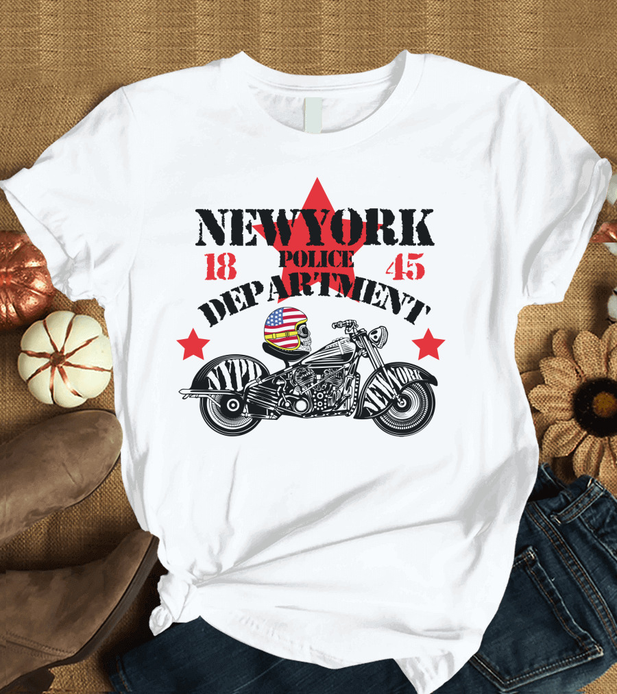 NEWYORK Police Department 1845 NYPD Motorcycle Skull Helmet Stars T-Shirt