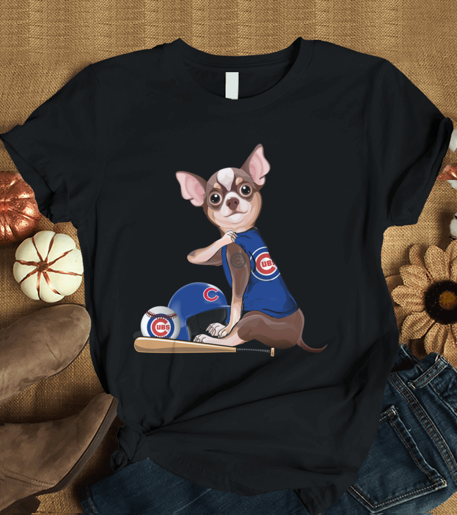 Chicago Cubs Chihuahua Baseball Fan with Helmet and Bat T-Shirt