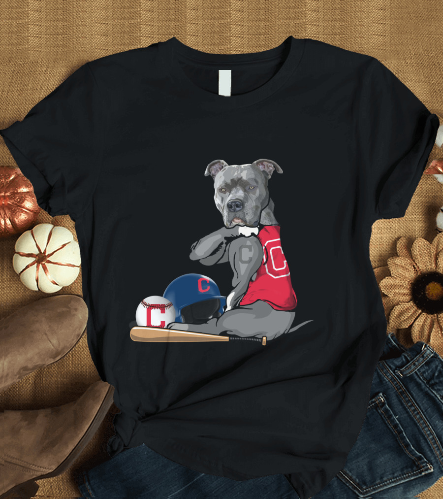 Cleveland Indians C Pit Bull Baseball Bat Helmet Sitting Baseball T-Shirt
