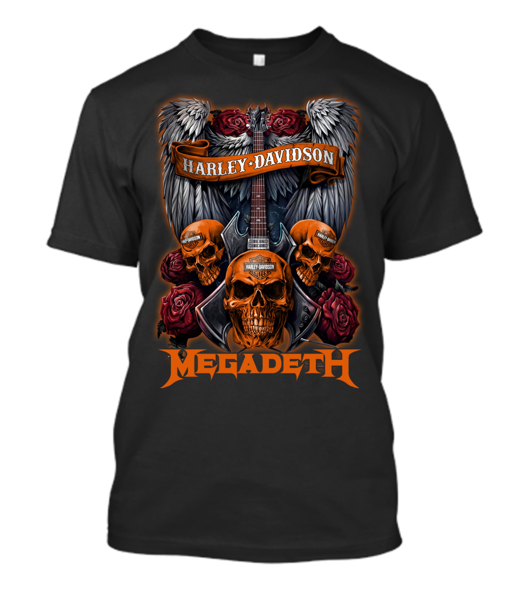 Megadeth Harley Davidson Skulls And Guitar Wings Roses T-Shirt