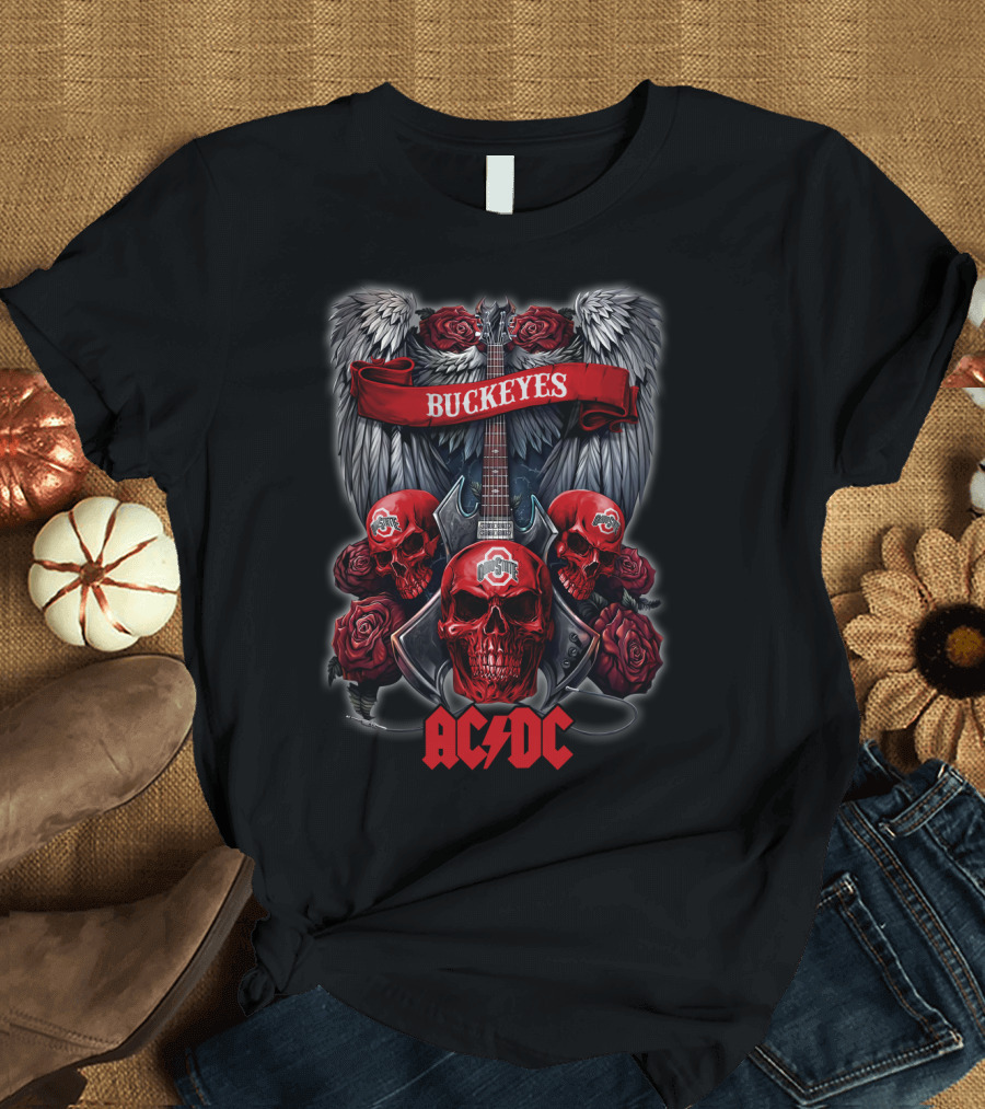 Ohio State Buckeyes ACDC Skull Wings Roses Guitar T-Shirt